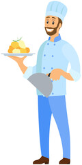Man holds plate with ready-made meal and lid. Restaurant service, breakfast or dinner dishes on tray vector illustration. Design for restaurant. Kitchener serves dish from chef, food at cafe