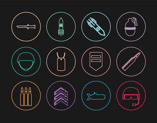 Set line Military helmet, Bullet, Nuclear rocket, dog tag, knife, Chevron and Biohazard icon. Vector