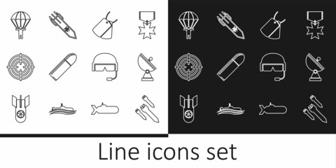 Set line Rocket, Radar, Military dog tags, Bullet, Target sport, Parachute, helmet and Biohazard rocket icon. Vector