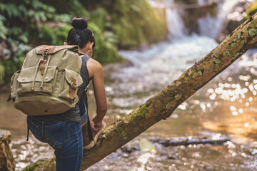 Fototapeta premium Hiker woman attractive traveler adventure wilderness.