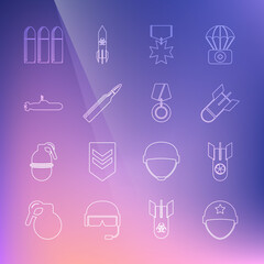 Set line Military helmet, Nuclear bomb, Aviation, reward medal, Bullet, Submarine, and icon. Vector