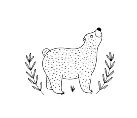 Cute doodle bear in line style with plants and leaves, isolated vector illustration