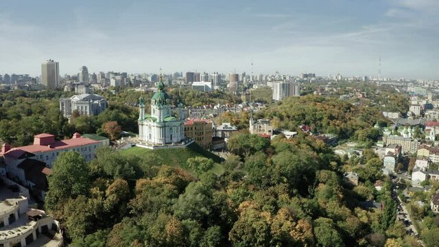 Aerial View Shot of St. Andrew's Church Kyiv, Ukraine. Constructed between 1747 and 1754