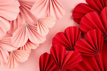 Elegant Valentine day background with border of many sweet pink and passion red origami paper...