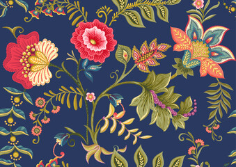 Fantasy flowers in retro, vintage, jacobean embroidery style. Seamless pattern on blue denim background. Vector illustration. © Elen  Lane