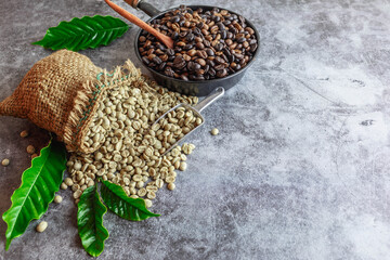 Raw green unroasted coffee beans in brown sacks and roasted coffee beans in a pan.
