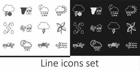 Set line Wind and rain, Pinwheel, Cloud with snow, moon, Tornado swirl, Storm, lightning, and icon. Vector