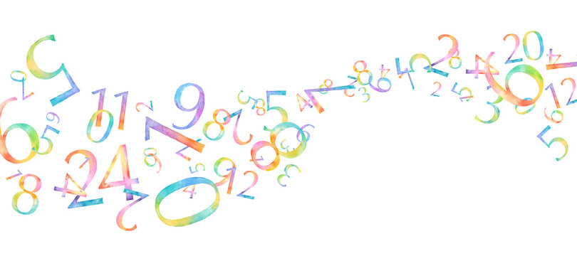レインボーカラーの数字の水彩イラスト。時間、数字の流れのイメージ。
