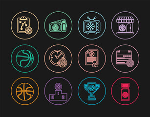 Set line Basketball game ticket, on sport calendar, match tv, Clock with basketball, Planning strategy, Certificate award and icon. Vector