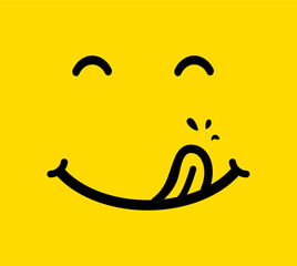 Yummy face smiley icon delicious with tongue lick mouth, tasty food eating emoticon face on yellow background, tasty emoji with saliva drops, smile vector cartoon line style