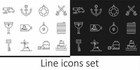 Set line Ship, Wooden barrel, Lifebuoy, Bottle with ship inside, pirate leg, Cannon cannonballs, Bomb ready to explode and Anchor icon. Vector