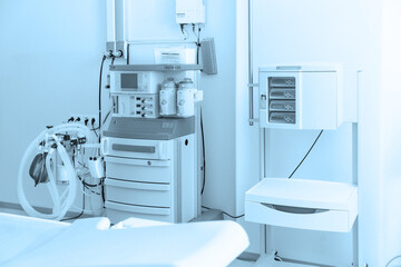 Technologically advanced equipment in CT or MRI Scan room. Modern hospital laboratory. Interior of...