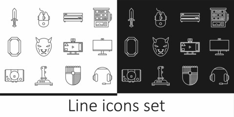 Set line Headphones, Computer monitor, Video game console, Mask of the devil with horns, Poker table, Sword for, Live streaming online and mouse gaming icon. Vector