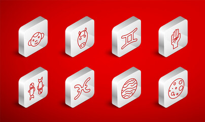 Set line Moon, Horse zodiac, Gemini, Palmistry of the hand, Planet Venus, Monkey, Pisces and icon. Vector
