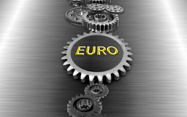 Fototapeta na wymiar Euro Text On Gear Against Metallic Background