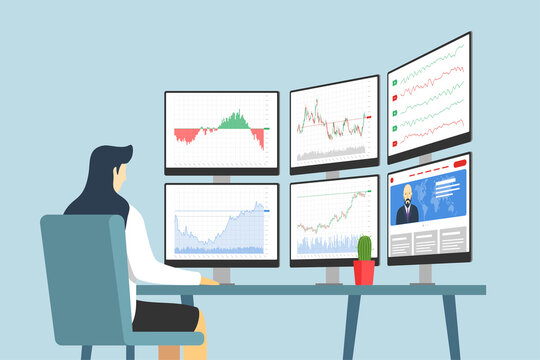 Businesswoman stock market trader in workplace looking at multiple computer screens with financial charts, diagrams and graphs. Business index analysis concept. Broker exchange trading illustration