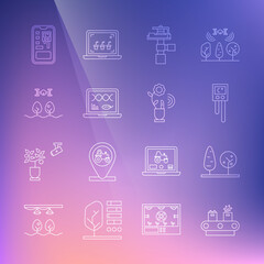 Set line Conveyor belt with box, Automatic irrigation sprinklers, Genetic engineering modification, Smart farm drone, control farming system and technology icon. Vector