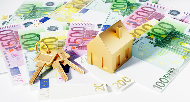  Golden symbol house and golden keys with Euro bank notes - 3D illustration