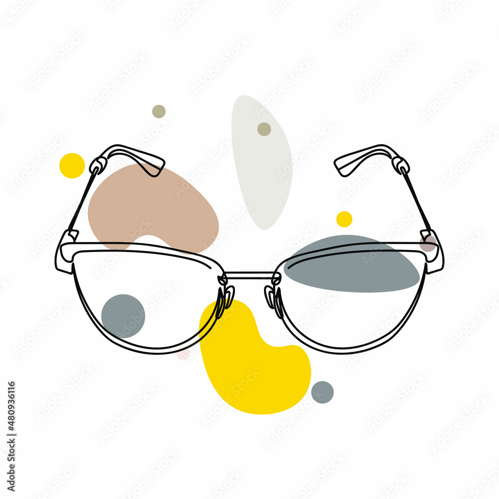 Sticker Continuous one simple single abstract line drawing of stylish eyeglasses icon in silhouette on a white background. Linear stylized.