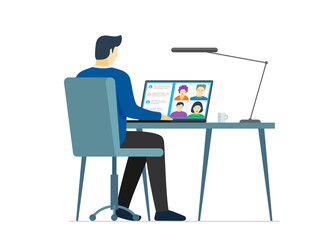 Man and group people on laptop screen taking part web conference. Virtual work meeting and distance education webinar or videoconferencing. Video conferencing and online communication eps concept