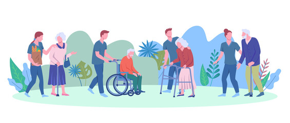 Cartoon Taking Care of Seniors Characters People Concept Flat Design Style. Vector illustration of Assistance Volunteers