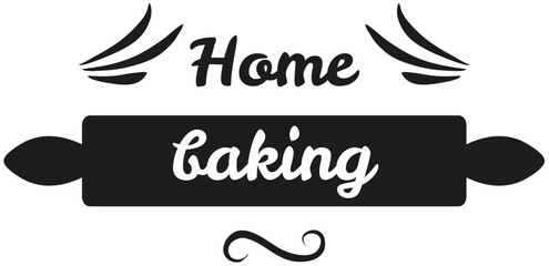 Hand drawn lettering for bakery label. Phrase, outline of expression home baking. Idea for poster, postcard about cooking pastries, baking food. Icon of rolling pin isolated on white background