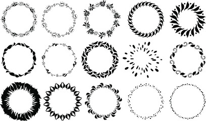 Set, collection. SILHOUETTES of flower wreaths. Set, collection.Black and white ornaments. Graphic, digital drawing with black curls. Insulated round stamp.