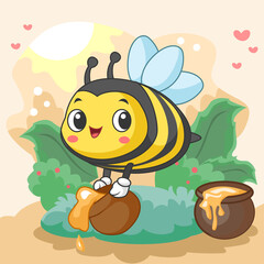 Cute little bee cartoon carrying honey