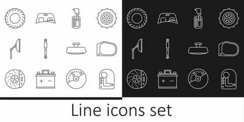 Set line Gear shifter, Car mirror, Shock absorber, Windscreen wiper, tire, and windscreen icon. Vector