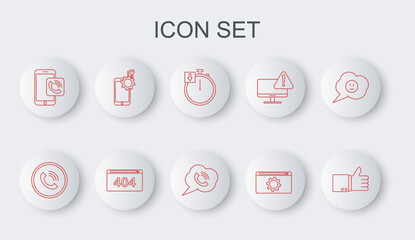 Set line Hand thumb up, Phone call, Stopwatch, Setting, Mobile phone, service, Page with 404 error and Speech bubble icon. Vector
