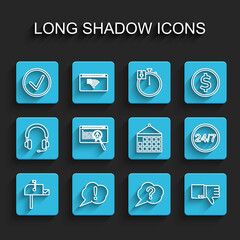 Set line Open mail box, Speech bubble Exclamation, Check mark in circle, Question, Dislike, System bug concept, Clock 24 hours and Calendar icon. Vector