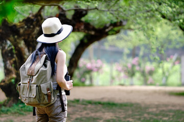 Hiker woman attractive traveler adventure wilderness.
