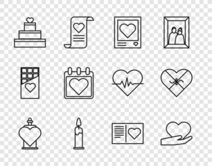 Set line Bottle with love potion, Heart in hand, Photo frames hearts, Burning candle, Wedding cake, Calendar, Valentines day flyer and Candy shaped box icon. Vector