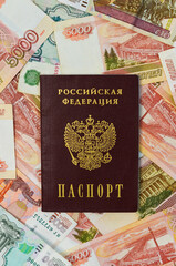 5000 russian rubles, money pattern or background top view, banknotes on the table flat lay with passport of Russian Federation