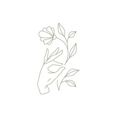 Linear simple female hand touching natural flower bud, petal, stem leaves icon vector illustration
