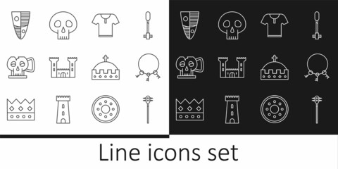 Set line Medieval chained mace ball, Old keys, Body armor, Castle, Cup from the skull, Shield, King crown and Skull icon. Vector