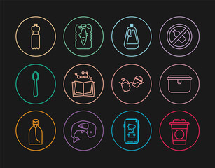 Set line Paper glass, Lunch box, Bottle for dishwashing liquid, Open book, Disposable plastic spoon, of water, Problem pollution the ocean and Stop icon. Vector
