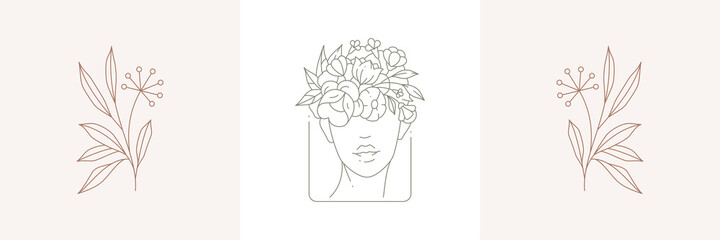 Linear simple pastel greeting card set with art deco blossom woman portrait natural dandelion logo