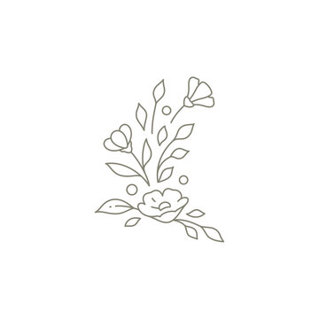 Simple florist monochrome logo with buds, petals, stem and leaves decor print vector illustration