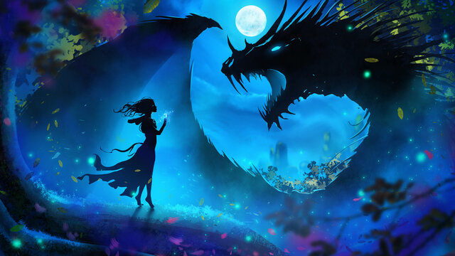 A huge angry spiked dragon roars in rage at a girl with a magic medallion, who slowly gracefully approaches him on tiptoe along the tree root, night fog and a full moon in a magical forest. 2d art
