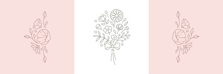 Monochrome linear logo set greeting card decorative design with natural wildflowers bouquet pastel
