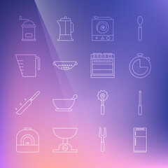 Set line Refrigerator, Knife sharpener, Kitchen timer, Electric stove, colander, Measuring cup, Manual coffee grinder and Oven icon. Vector