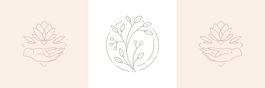 Set monochrome line art deco minimalist logo human hands with lotus flower, natural plant branch