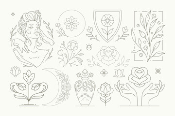 Line art elegant feminine blossom monochrome set with decorative botanical design elements