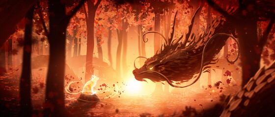 A huge incredibly long forest dragon in oriental style looks curiously at the spirit of a little fox cub sitting on a stone in the autumn orange forest in the rays of the bright sunset sun. 2d art - 480939504