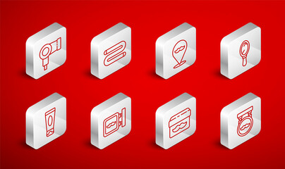 Set line Barbershop, Towel, Hand mirror, Cream lotion cosmetic jar, Hair dryer, and tube icon. Vector