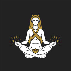 Antique woman goddess with half moon and flower meditating with crossed legs relaxing
