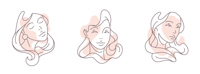Set hand drawn abstract minimalistic woman portrait continuous line pastel spot icon vector - obrazy, fototapety, plakaty