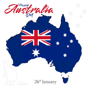 Happy Australia day elegant  poster. Map of Australia with flag, Australia calligraphy with  stars . 26 January Invasion day 