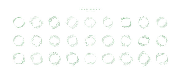 Set of floral decoration wreath and round labels. Branch and minimalist flowers. Hand drawn line wedding herb, elegant leaves for invitation save the date card. Botanical rustic trendy